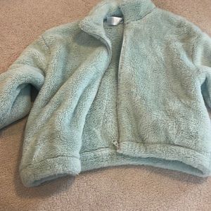 ZELLA FLUFFY JACKET. sea foam light green/teal. size extra large.